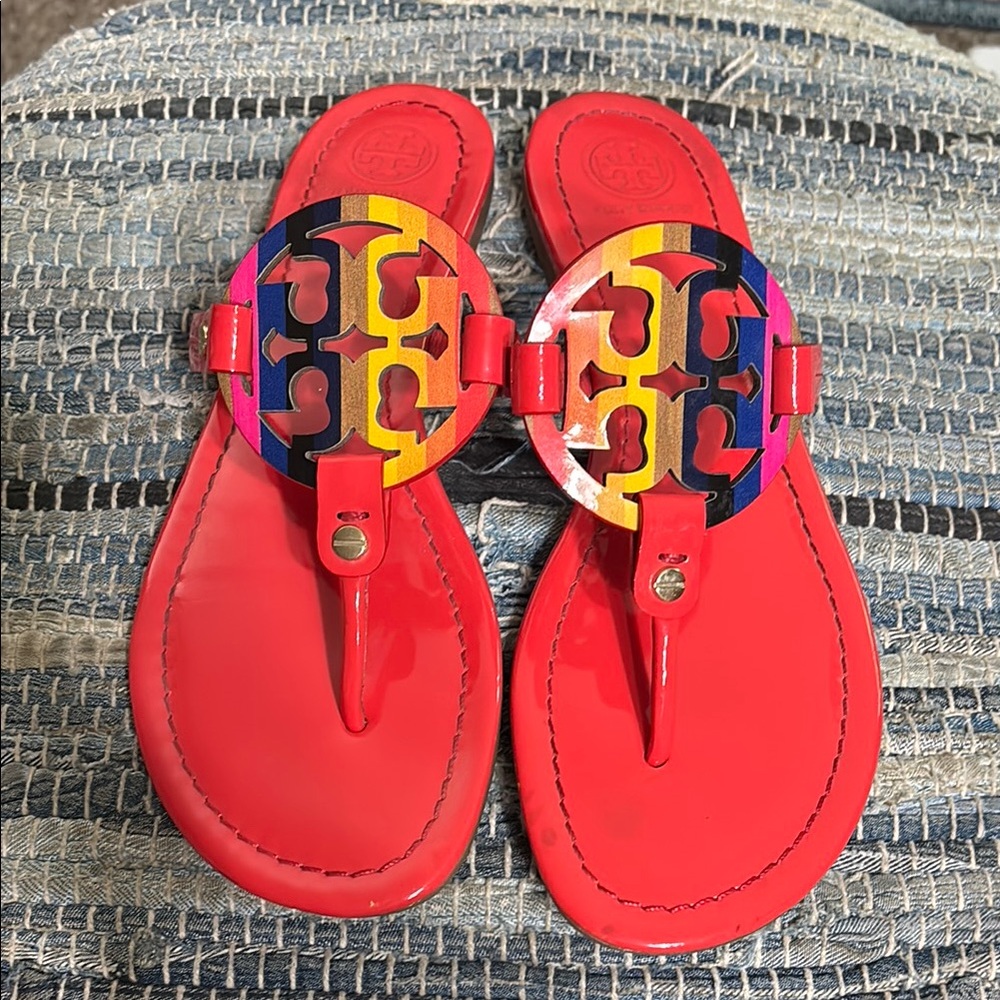Tory Burch Vibrant Red Sandals with Colorful Logo